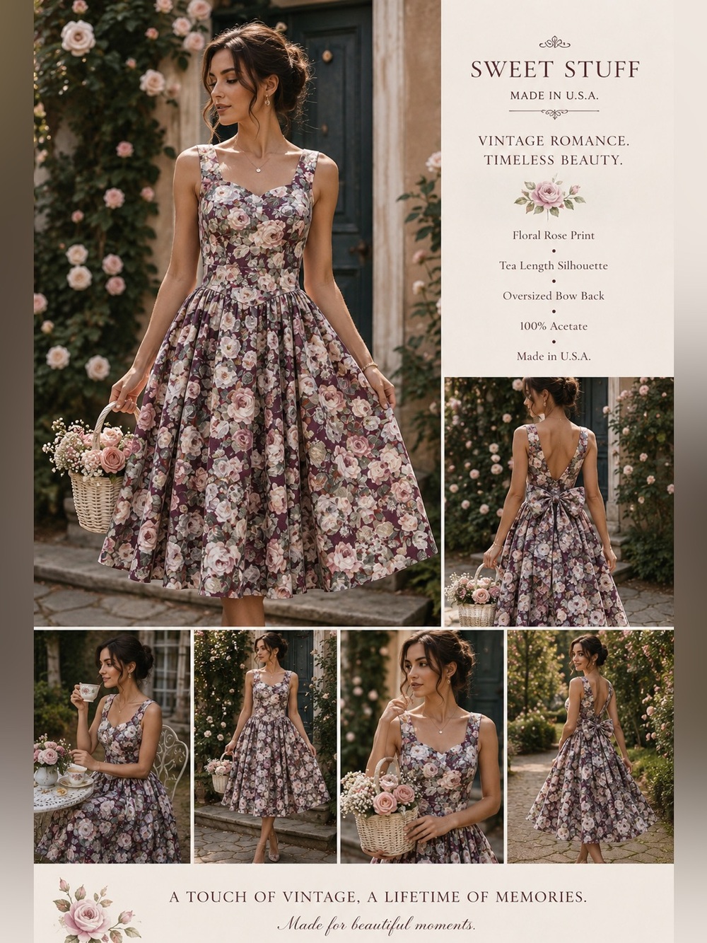 Vintage Sweet Stuff Floral Tea Length Dress Size 8 Bow Back Cottagecore